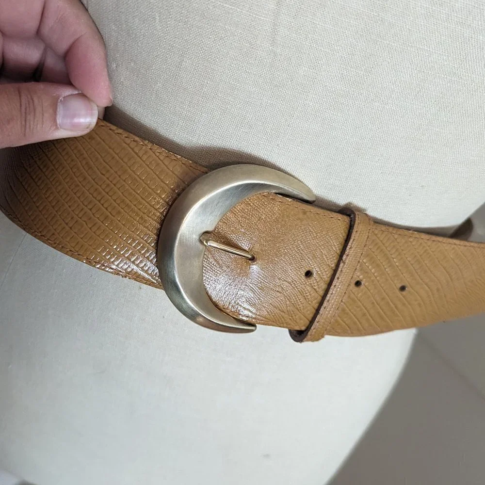 Vintage Textured Leather Belt Wide Tan Yellow‎ Brown Gold Tone Buckle Hardware